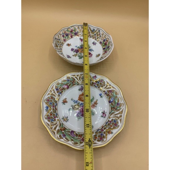 VTG DRESDEN Schumann Porcelain Reticulated Candy/Nut Dish and Bowl Floral Gold - Picture 13 of 13